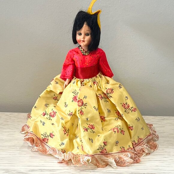 Vintage 7.5" Doll Spanish Mexican Girl Sleepy Eyes Floral Dress Souvenir - Picture 1 of 13